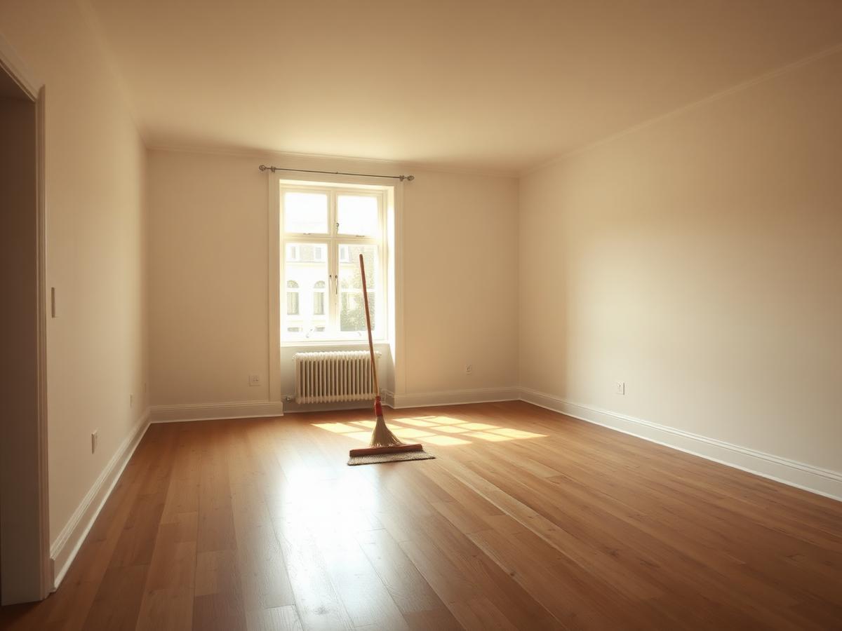 Bezemschoon opgeleverde lege kamer met houten vloer